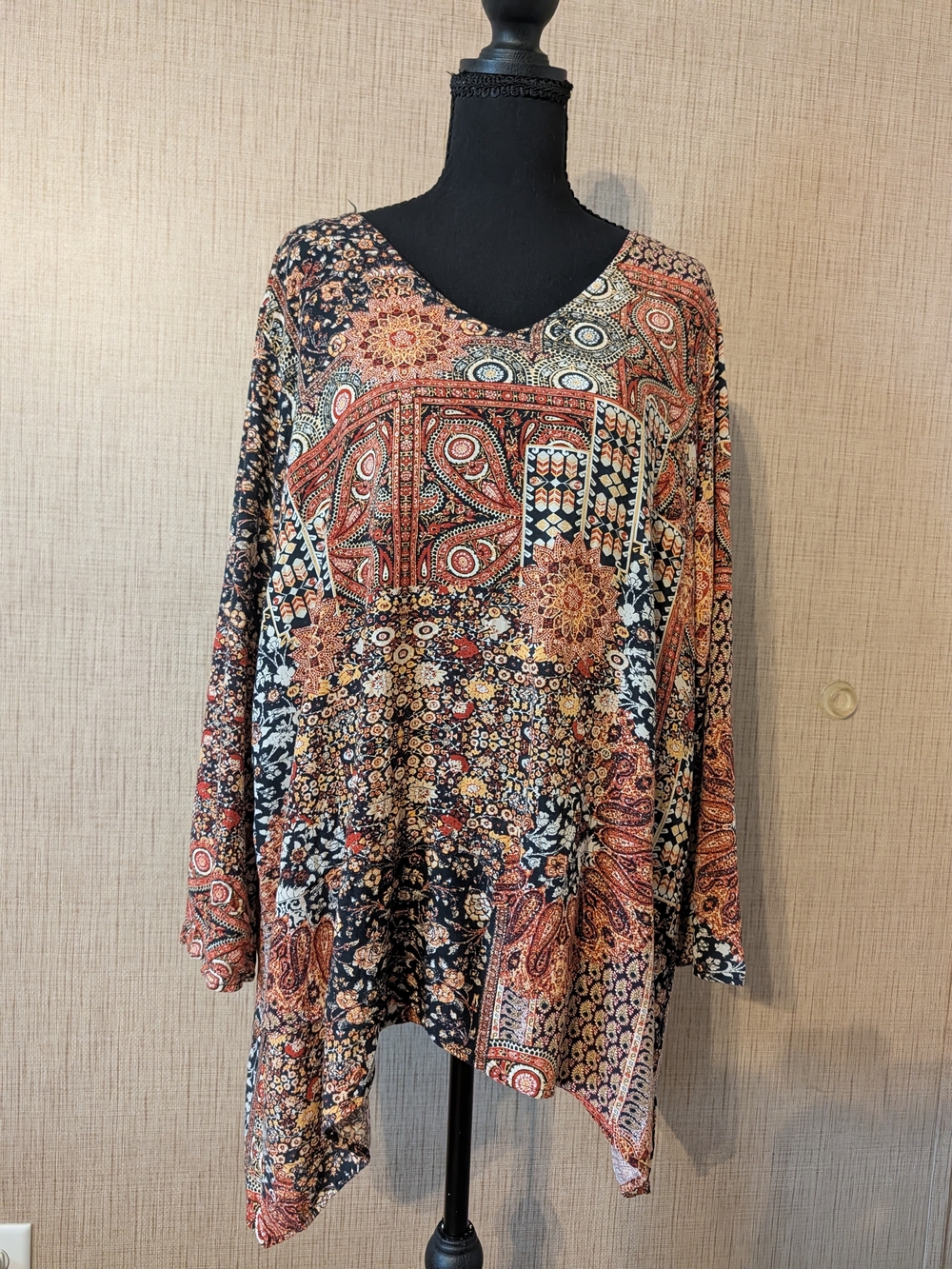 ONE WORLD Patchwork Paisley V-Neck Tunic - Rust, Navy, Cream